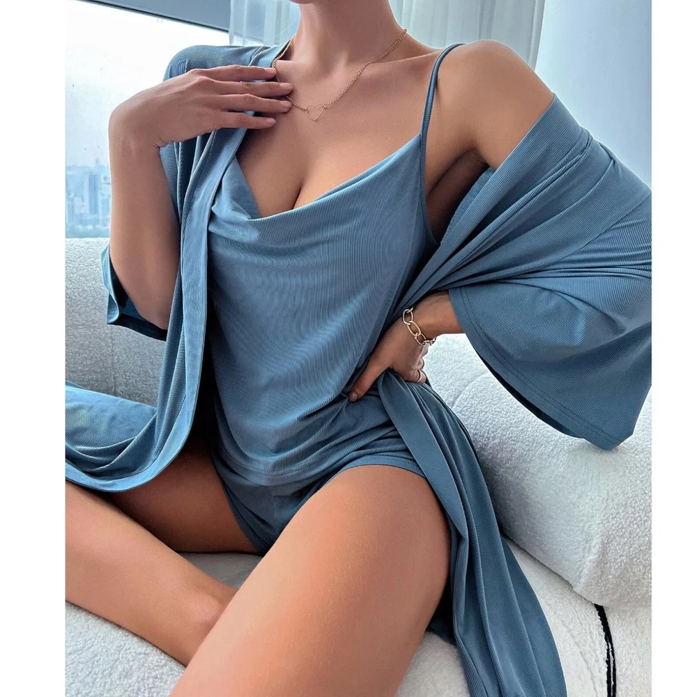 Casual Blue Ribbed Cami Top Shorts Duster Lounge Set - Picture 2 of 6